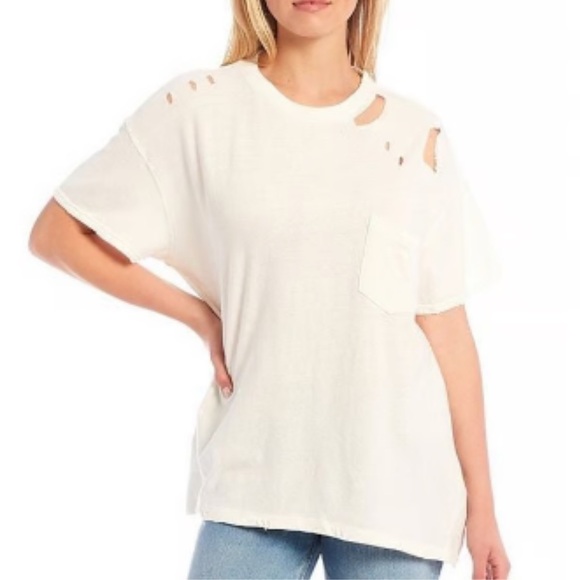 Free People Tops - Free People Rubi White Short Sleeve Distressed Tee Size M NWT NEW WITH TAGS